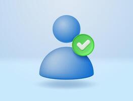 Blue user profile icon with green check mark representing verified accounts or approved profiles. vector