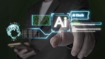 A businessman interacts with a futuristic AI interface, symbolizing artificial intelligence, machine learning, and digital transformation in modern technology. video
