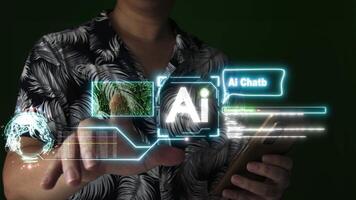 A businessman engages with a futuristic AI interface, representing artificial intelligence, machine learning, and the digital transformation driving modern technology. video