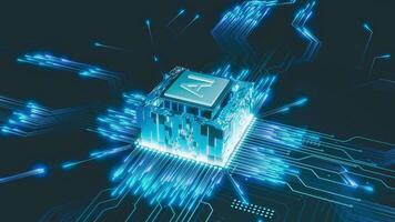 A glowing AI microchip processes data in a futuristic circuit, representing artificial intelligence, computing power, and digital evolution in technology. video