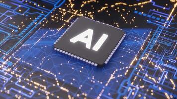 A high-tech AI chip on a futuristic circuit board with glowing data paths, powering advanced machine learning and deep learning. video