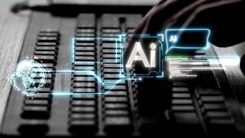 A futuristic AI interface overlays a keyboard as a hand interacts, symbolizing artificial intelligence, automation, and human-computer collaboration in digital technology. video