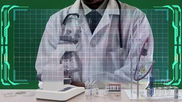 A scientist in a lab coat with a stethoscope examines samples using a microscope, with a futuristic digital interface overlay, representing medical research and biotechnology advancements. video