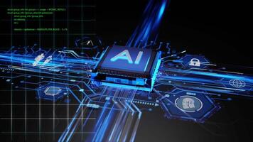 A futuristic AI chip embedded in an advanced circuit board with glowing data pathways, driving cutting-edge machine learning and deep learning. video