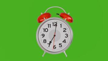 A vintage alarm clock with a prominent red bell displaying the time in time-lapse, placed in front of a green background. video