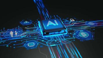 A futuristic AI chip integrated into a high-tech circuit board, featuring glowing data pathways that power advanced machine learning and deep learning. video
