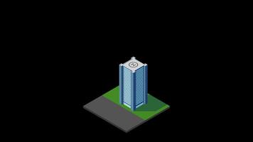 Isometric city building animation. Isometric modern building. Skyscraper building or business office. Motion graphic. Transparent background with alpha channel video