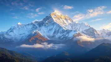 Golden Sunrise Illuminates Snowcapped Mountain Peak photo