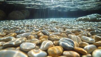 Underwater Riverbed Scene with Sunlit Smooth Stones photo