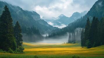 Misty Mountain Valley with Yellow Wildflower Meadow photo