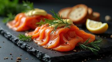 Swedish gravlax cured salmon garnished with dill, served with lemon and bread slices photo