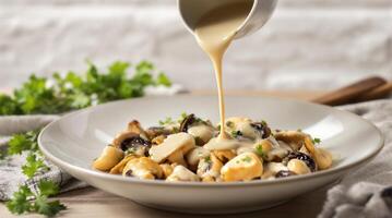 Creamy Finnish mushroom dish being topped with sauce in a rustic kitchen setting photo