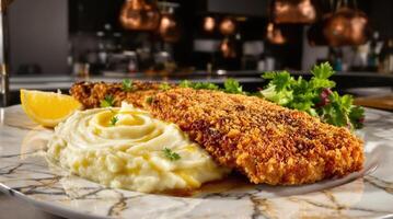 Savory milanesa cutlet served with creamy mashed potatoes and a slice of lemon photo