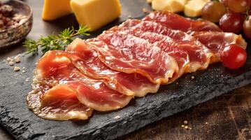 Spanish Jamon Iberico platter displaying exquisite slices of cured ham with cheese and grapes photo