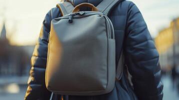 Taupe Textured Backpack Geometric Design Urban Setting Sunset photo