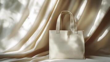 Beige Tote Bag on Creamy Fabric Drape with Soft Lighting photo