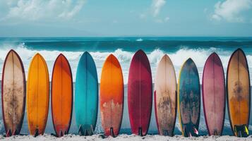 surfing, a row of colorful surfboards, high sea wave, horizontal banner, beach summer background, copy space, free space for text photo