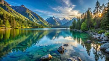 Beautiful mountain lake with green trees and rocks at sunset photo
