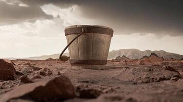 old wooden bucket on the ground with a sky full of dark clouds photo