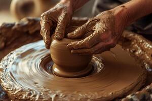 A potter shaping a clay vessel on a spinning pottery wheel, hands covered in wet clay photo