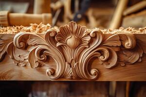 Close-up of intricate wood carvings with floral and ornamental patterns, crafted with precision photo