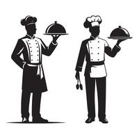 Two chefs holding trays with food on them vector