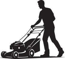 Silhouette of a man mowing the lawn with a lawn mower vector