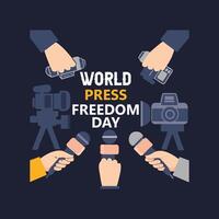 World press freedom day concept with hands holding microphones and camera vector