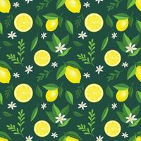 Seamless background pattern of fresh yellow lemons with flowers and leaves vector