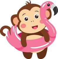 Cool monkey on pink flamingo inflatable pool float vector