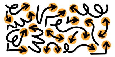 Bulky Hand Drawn Arrows with Big Curvy Lines and Loops. Squiggle coils isolated with wavy pointers. Set of doodle arrow icons. Collection of sketchy hand free curved lines and pointers vector