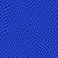 Abstract Trippy Checkerboard Background with Retro Blue Colors. Psychedelic design with distortion grid effect. Twisted wavy and groovy geometrical chessboard. Distorted funky 70s hippie art vector