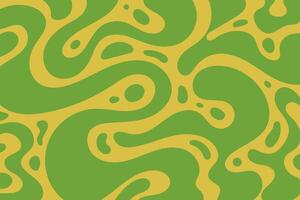 Green Abstract Wavy Lines with Drops Isolated on Yellow Background. Decorative groovy fluid lines. Hand drawn geometric bulky lines. Hippie banner, perfect for posters, cards, web, vector