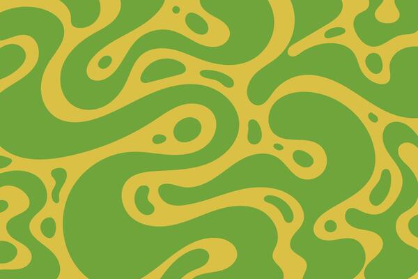 Green Abstract Wavy Lines with Drops Isolated on Yellow Background. Decorative groovy fluid lines. Hand drawn geometric bulky lines. Hippie banner, perfect for posters, cards, web,