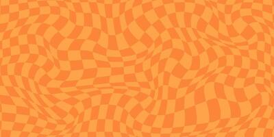 Abstract Trippy Checkerboard Background with Retro Yellow and Orange Colors. Psychedelic design with distortion grid effect. Twisted wavy and groovy geometrical chessboard. Distorted funky 70s hippie vector