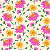 Seamless Pattern with Pink and Yellow Flowers in Doodle Style. Colorful flowers with cute lines isolated on white background. Nature design with plants perfect for invitations, cards, posters vector