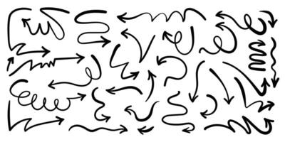 Wobbly Hand drawn Arrows with Squiggle Curvy Lines and Loops. Set of doodle arrow icons. Collection of sketchy hand free curved lines and pointers vector
