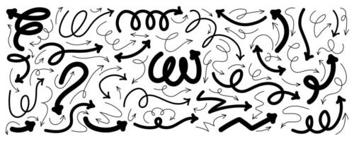 Black Thin and Bulky Hand drawn Arrows with Squiggle Curvy Lines and Loops. Set of doodle arrow icons. Collection of sketchy hand free curved lines and pointers vector