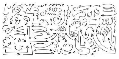 Hand Drawn Arrows with Thin Curvy Lines and Loops. Huge collection of arrows with wavy pointers. Set of doodle arrow icons. Sketchy hand free curved lines and pointers perfect for infographics vector