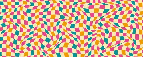 Abstract Geometrical Checkerboard Background with Retro Colors. Psychedelic design with distortion grid effect. Twisted wavy, groovy and trippy chessboard. Distorted funky 70s hippie art vector