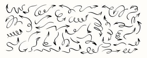 Squiggle Pencil Arrows with Thin Curvy Lines. Scribble coils with wavy pointers. Set of doodle arrow icons. Collection of sketchy hand free curved lines with loops and pointers. vector