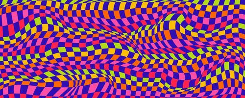 Abstract Trippy Checkerboard Background with Retro Colors. Psychedelic design with distortion grid effect. Twisted wavy and groovy geometrical chessboard. Distorted funky 70s hippie art. vector