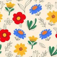 Hand Drawn Floral Seamless Pattern in Doodle Style. Colorful flowers and foliage with cute line sketches of branches isolated on white background. Perfect for invitations, wrapping paper, cards vector
