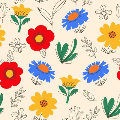 Hand Drawn Floral Seamless Pattern in Doodle Style. Colorful flowers and foliage with cute line sketches of branches isolated on white background. Perfect for invitations, wrapping paper, cards