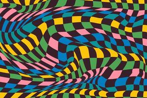 Abstract Psychedelic Checkerboard Background with Retro Colors. Trippy design with distortion grid effect. Twisted wavy and groovy geometrical chessboard. Distorted funky 70s hippie art vector