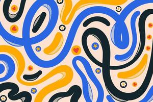 Multicolored Abstract Background with Wavy Lines and Red Hearts. Decorative groovy fluid lines isolated on white background. Hand drawn geometric bulky lines. Hippie banner . illustration vector