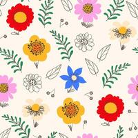 Floral and Leafy Seamless Pattern in Doodle Style. Colorful flowers and foliage with cute line sketches of branches isolated on white background. Trendy design perfect for invitations, wrapping paper vector