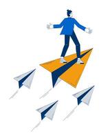Visionary leader flying forward on paper plane doodle illustration concept. Business navigation. Strategic direction man moving ahead cartoon 2D character isolated on white. Hand drawn metaphor vector