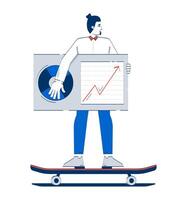 Businessman riding skateboard with data dashboard doodle illustration concept. Agility analytics skateboarder. Business man skater cartoon 2D character isolated on white. Hand drawn metaphor vector