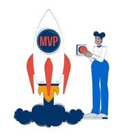 Female entrepreneur launching MVP startup rocket doodle illustration concept. Start-up founder pressing button minimum viable product cartoon 2D character isolated on white. Hand drawn metaphor vector